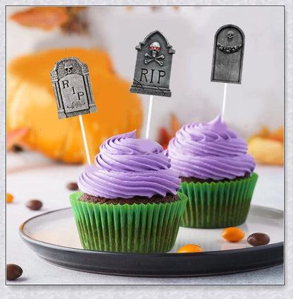 Spooky tombstone-themed cupcake toppers with skeleton designs, perfect for Kiwi Halloween parties and events