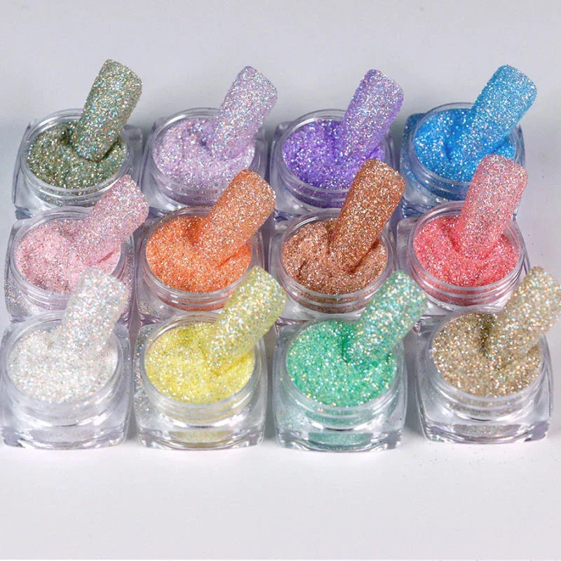 Trendha's 12-Box Iridescent Sugar Nail Glitter Powder Set featuring a collection of vibrant, candy-colored glitter powders