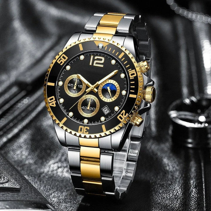 Stylish steel band watch with six needles, featuring a sleek design, night light, calendar, and water resistance up to 30 metres.