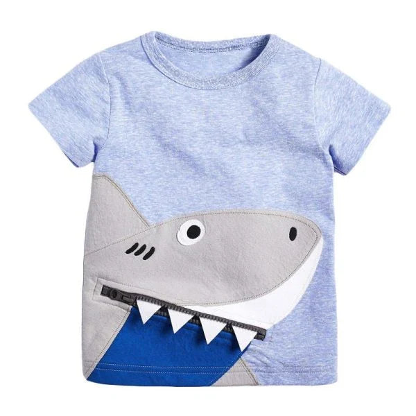 Cosy cotton cartoon t-shirt for children, featuring a shark design and short sleeves for comfortable, breathable wear.