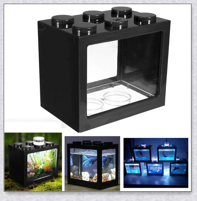 Stackable InspireHOME Mini Block Aquarium with LED lighting, showcasing various color options and configuration possibilities