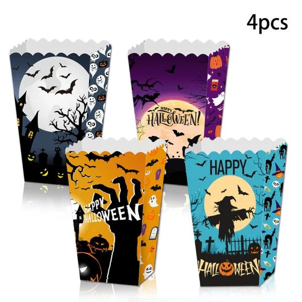 Creepop Halloween Popcorn Boxes with spooky pumpkin and blood handprint designs, perfect for Kiwi Halloween parties