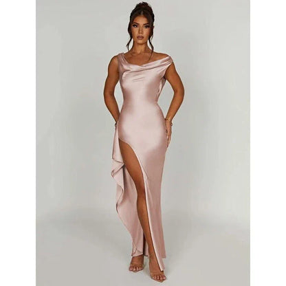 Elegant satin backless maxi dress with a V-neck and sleeveless design, perfect for formal events in New Zealand.