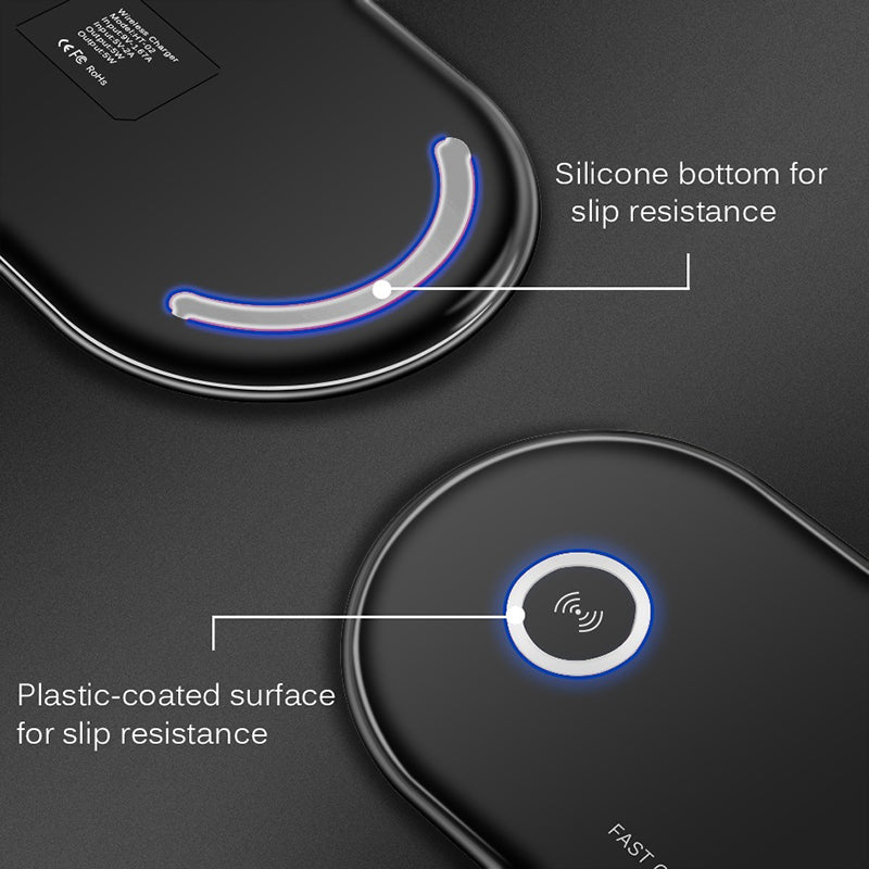 Dual-coil Qi wireless charging pad with silicone base and multiple color options