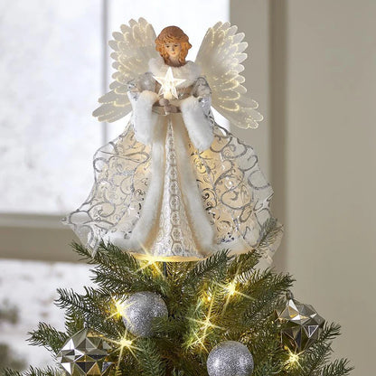 Glowing golden angel doll Christmas tree topper with intricate design, perfect for adding festive cheer to any Kiwi holiday display