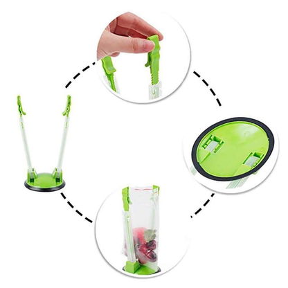 Anti-Spill Hands-Free Baggy Opener with adjustable arms and non-slip rubber base, perfect for Kiwi kitchens