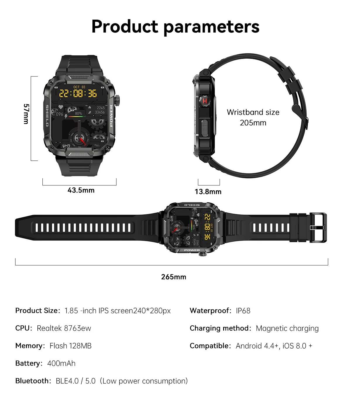 Rugged military-grade smartwatch with anti-smash and anti-fall design, real-time weather forecasts, and advanced health monitoring features