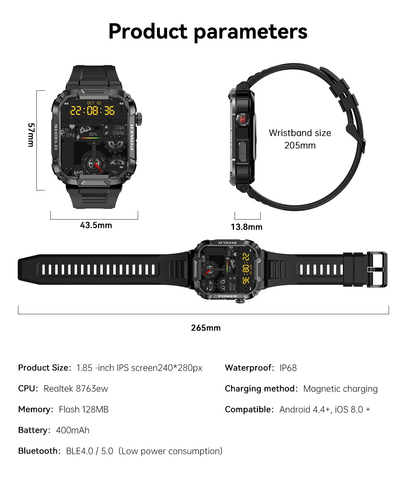 Rugged military-grade smartwatch with anti-smash and anti-fall design, real-time weather forecasts, and advanced health monitoring features