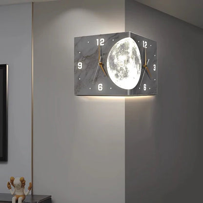 A double-sided corner wall clock made of premium acrylic with sleek aviation aluminum hands for a modern and elegant look