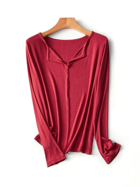 Elegant women's long sleeve tee with square neckline and premium silk-wool blend fabric