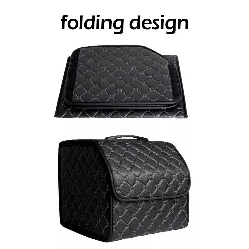 Collapsible leather car trunk organizer in black, designed to keep your vehicle tidy and organised.