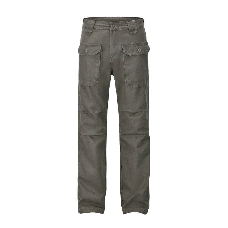 A pair of grey-green cotton overalls with a straight-leg design, perfect for the laid-back Kiwi lifestyle.