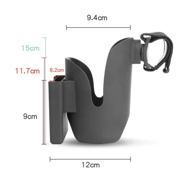 Black Baby Stroller Cup Holder with Phone Stand - Kiwi-Made Accessory for Hands-Free Convenience