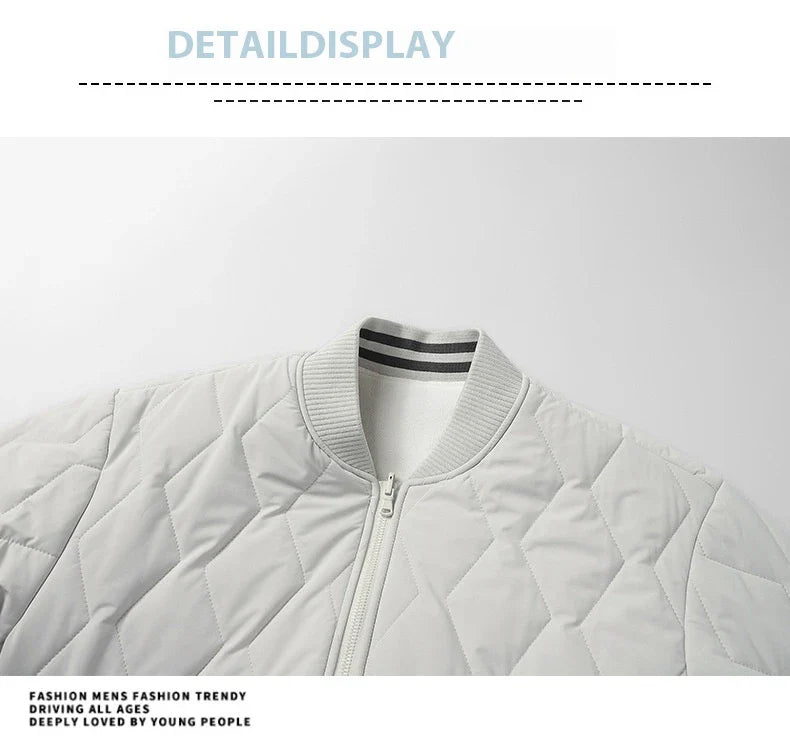 Reversible cotton jacket with baseball collar in caramel, white, black, and gray colors