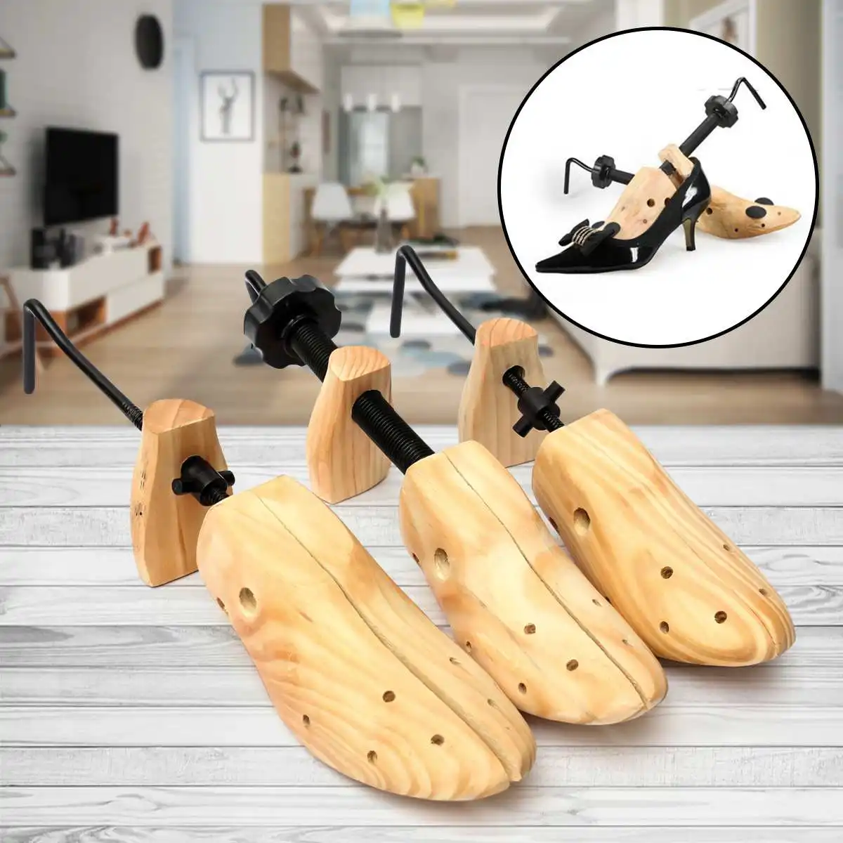 Adjustable wooden shoe stretcher expanding a pair of shoes, made with high-quality New Zealand timber