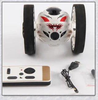 Mini 2.4GHz remote control bounce car in red and white, capable of jumping up to 31.5 inches high and performing stunts like 360-degree spins