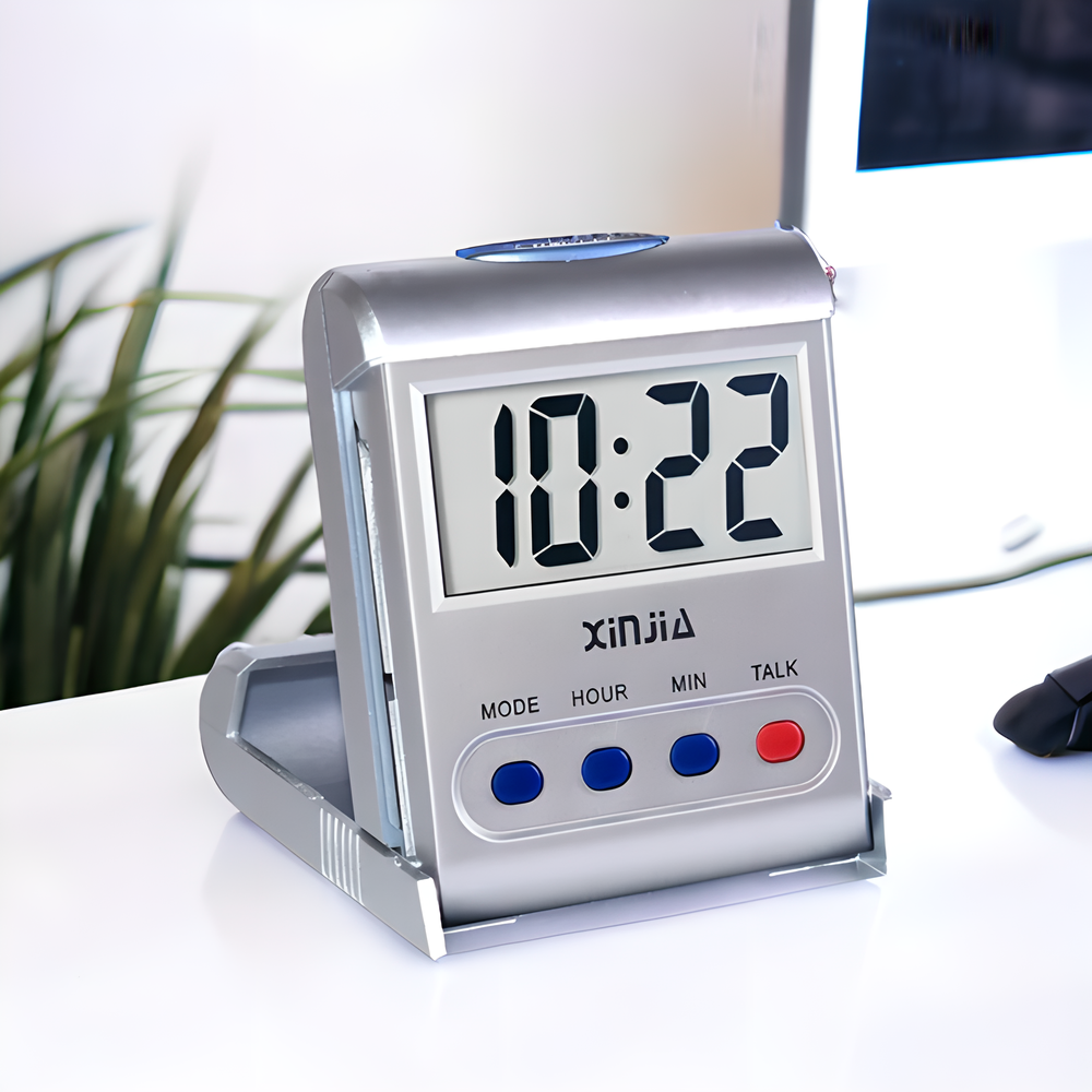 Talking Digital Alarm Clock and Wristwatch Set with voice-enabled time-telling, backlit display, and waterproof design for inclusive timekeeping