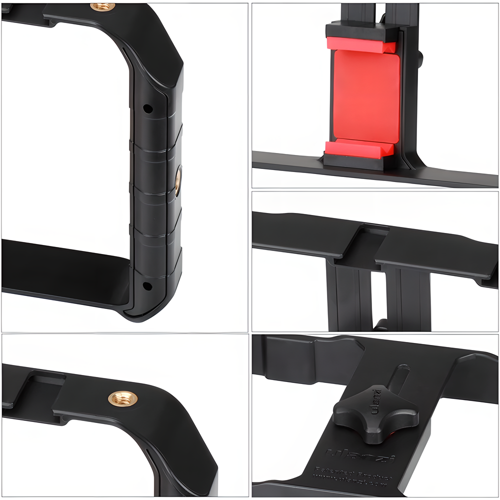 Smartphone video rig with accessories like LED light and microphone, providing stable and professional-grade filming capabilities