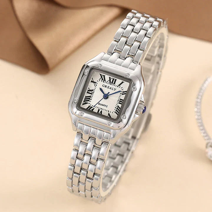 Elegant square women's watch with stainless steel case and bracelet, featuring a sleek and sophisticated design