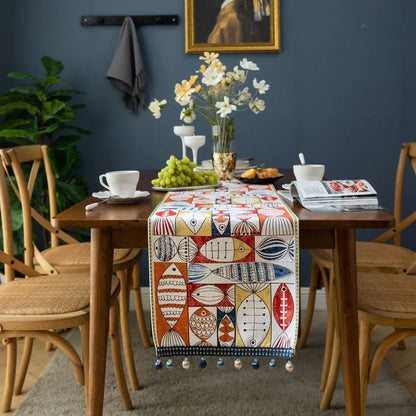 Festive Kiwi Fish Table Runner - Vibrant jacquard design in New Zealand-inspired fish pattern for dining and home decor