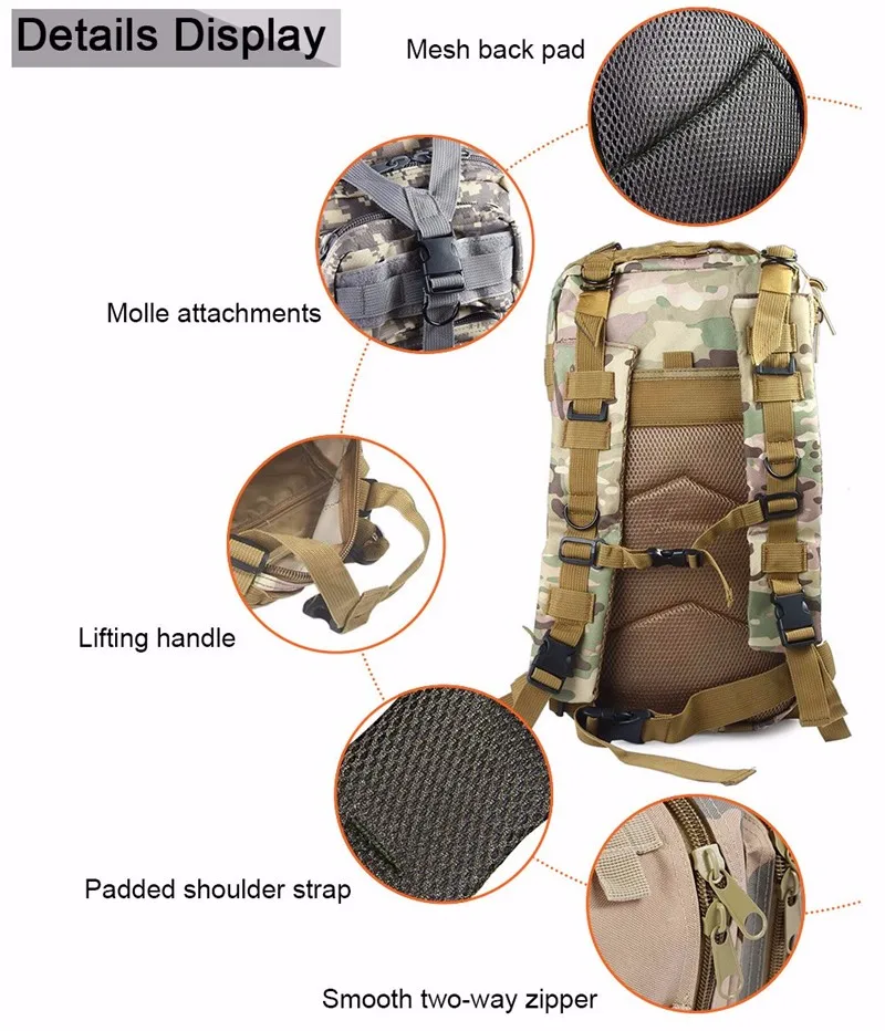 Army-inspired travel backpack with 8 camouflage patterns, featuring a spacious main compartment, adjustable straps, and breathable mesh back panel