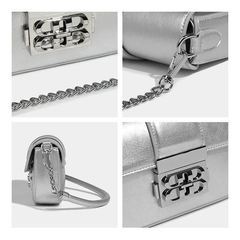 Elegant silver shoulder and crossbody bag for women, featuring a flap design and adjustable straps for versatile use