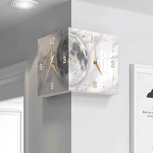 A double-sided corner wall clock made of premium acrylic with sleek aviation aluminum hands for a modern and elegant look