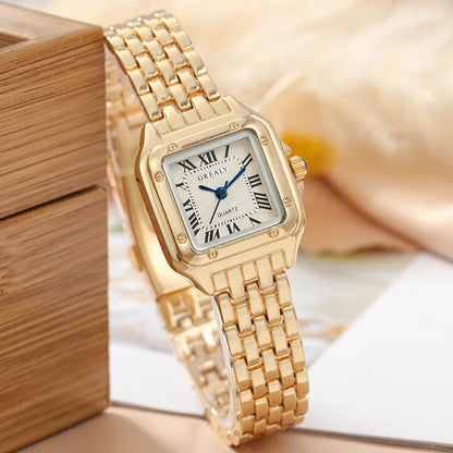 Elegant square women's watch with stainless steel case and bracelet, featuring a sleek and sophisticated design