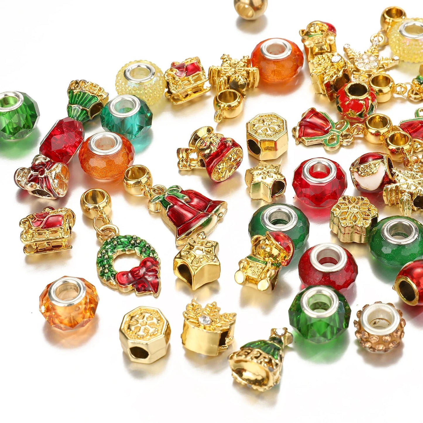 Alloy Christmas beads in a variety of festive colours, perfect for DIY holiday crafts and decorations.