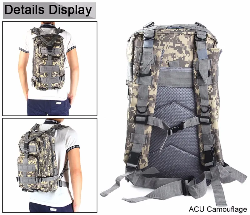 Army-inspired travel backpack with 8 camouflage patterns, featuring a spacious main compartment, adjustable straps, and breathable mesh back panel