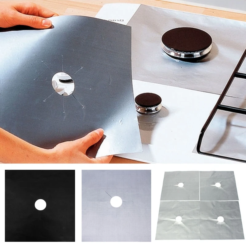 Four reusable, adjustable silicone stove top protective covers in silver and black colours