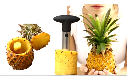 Stainless steel pineapple slicer with ergonomic handle and measurement markings for easy pineapple prep