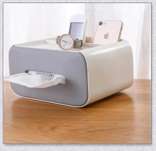 Stylish Scandi-inspired tissue box organizer with storage compartment for remote controls, makeup, and other small items, perfect for Kiwi desks and living spaces.