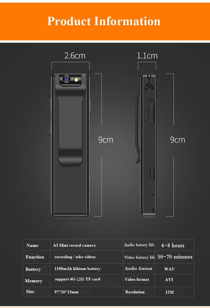 Vandlion HD Motion Detection Portable Micro Magnetic Body Camera with 1080p recording, 90-degree rotating lens, and motion detection capabilities