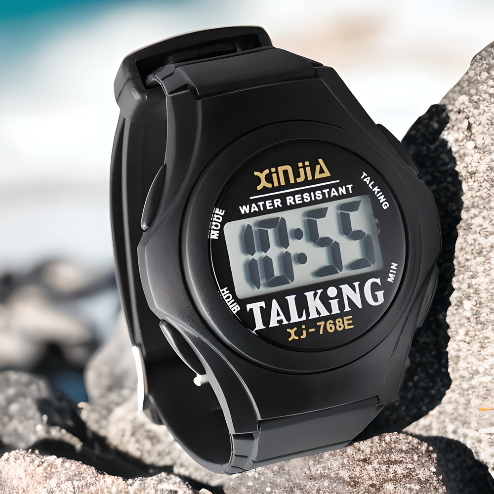 Talking Digital Alarm Clock and Wristwatch Set with voice-enabled time-telling, backlit display, and waterproof design for inclusive timekeeping