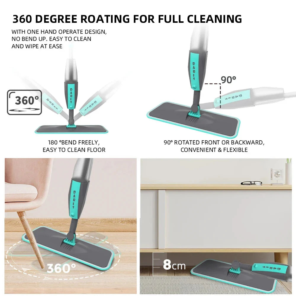 360-degree rotating microfiber floor mop with spray function, ideal for cleaning hardwood, tile, and other hard floor surfaces in Kiwi homes