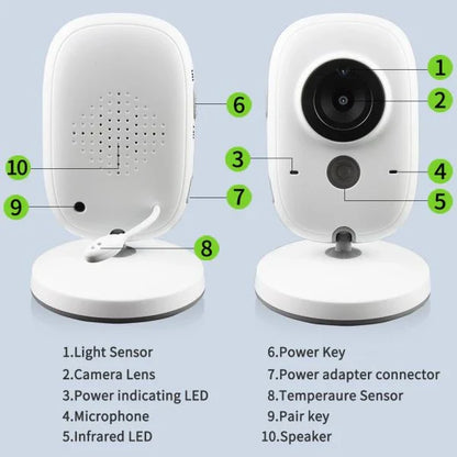 A compact, white digital baby monitor with a 3.2-inch screen, offering features like two-way intercom, temperature monitoring, and automatic night vision.