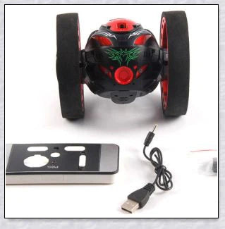 Mini 2.4GHz remote control bounce car in red and white, capable of jumping up to 31.5 inches high and performing stunts like 360-degree spins