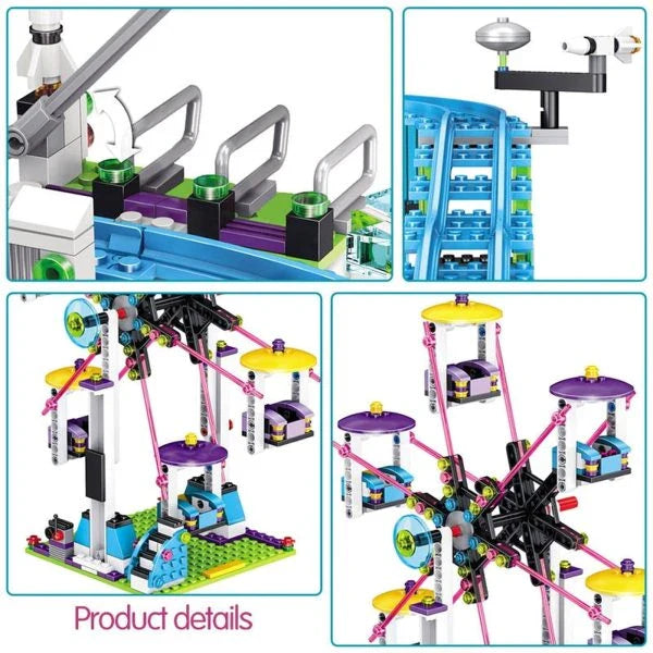 Thrilling Friends Amusement Park with a roller coaster, Ferris wheel, and other accessories for a fun-filled theme park experience