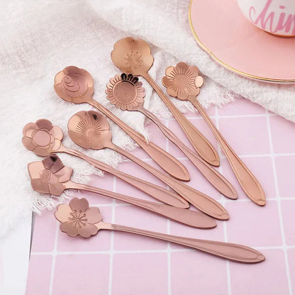 8-Piece Flower Spoon Set with Unique Stainless Steel Flower Design for Elegant Tea, Coffee, and Dessert Presentation