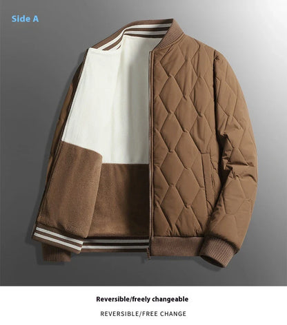 Reversible cotton jacket with baseball collar in caramel, white, black, and gray colors