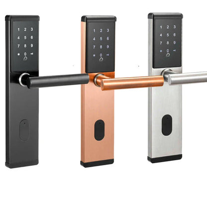 A sleek, stainless steel smart lock with a touchscreen panel and mobile app integration for remote access and control.