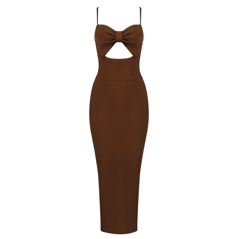 Sexy solid colour V-neck halter dress with a sleek, figure-hugging silhouette and long, flowing skirt