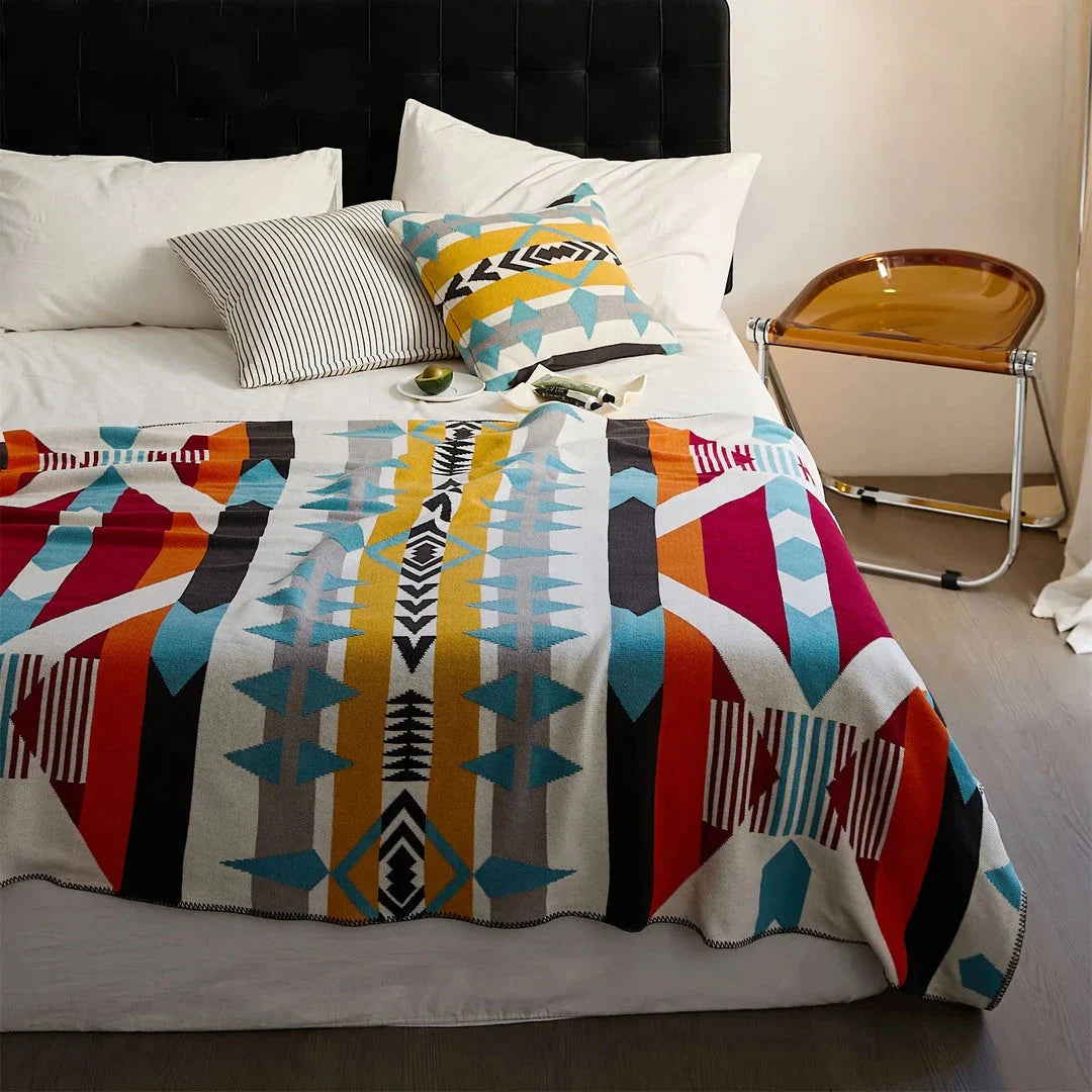 Cozy, colourful bohemian-style knitted cotton blanket perfect for home décor and outdoor use