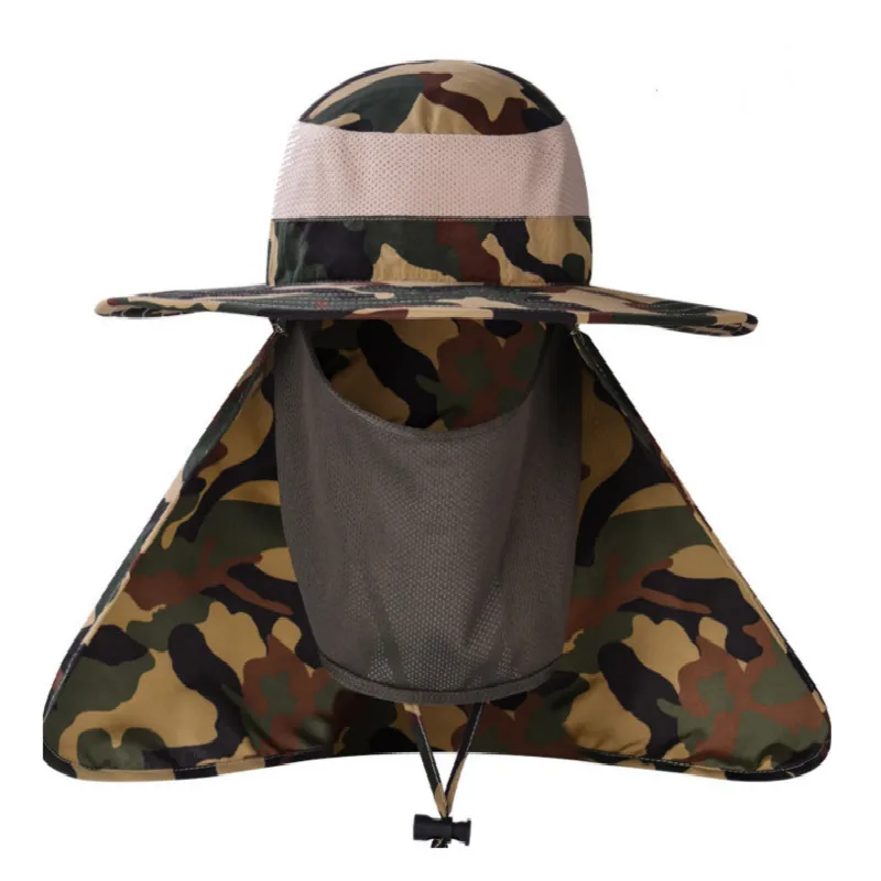 Versatile camo tactical bucket hat with removable neck cape and face shield for outdoor activities like fishing, hiking, and more