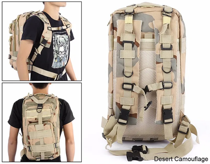 Army-inspired travel backpack with 8 camouflage patterns, featuring a spacious main compartment, adjustable straps, and breathable mesh back panel