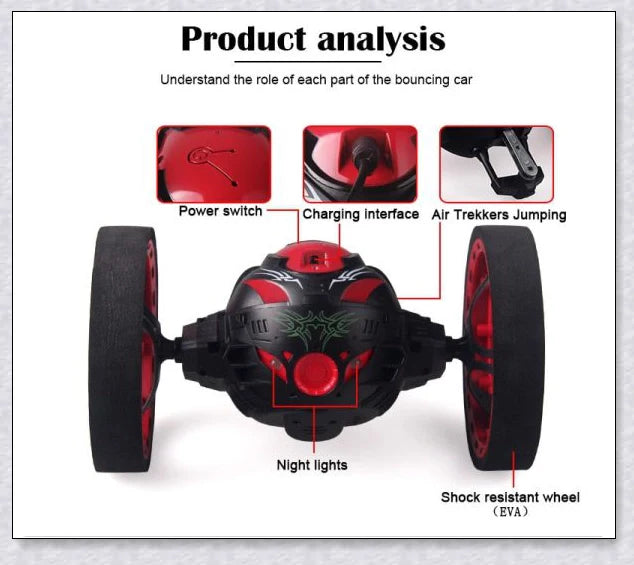 Mini 2.4GHz remote control bounce car in red and white, capable of jumping up to 31.5 inches high and performing stunts like 360-degree spins