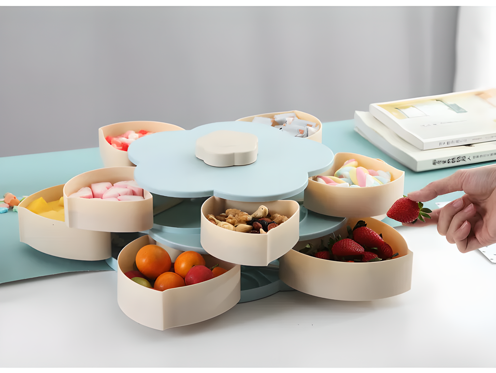 Flower-shaped expandable snack box with multiple compartments for serving a variety of treats and snacks