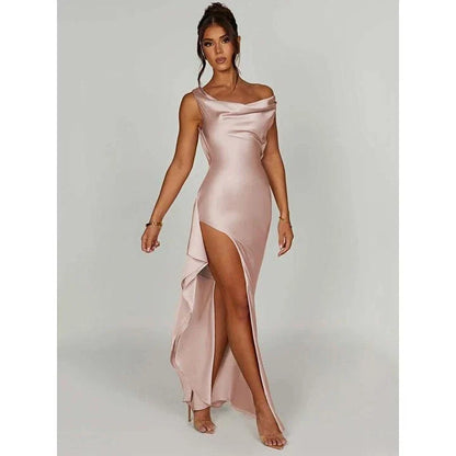 Elegant satin backless maxi dress with a V-neck and sleeveless design, perfect for formal events in New Zealand.