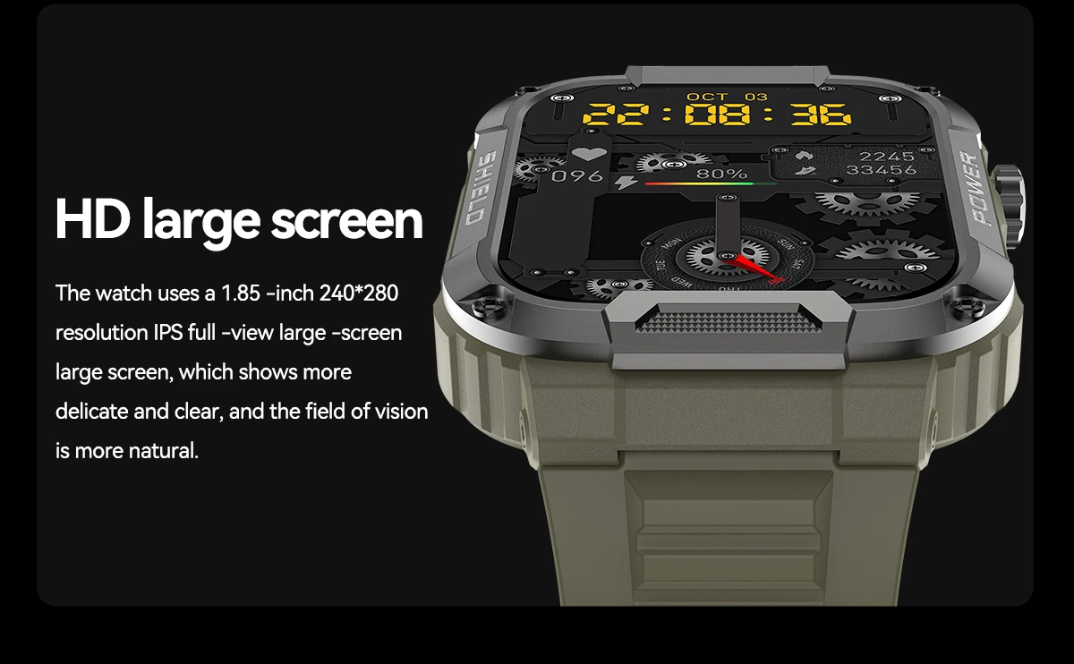 Rugged military-grade smartwatch with anti-smash and anti-fall design, real-time weather forecasts, and advanced health monitoring features